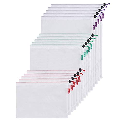 Bekith 15 Pack Premium Reusable Produce Bags - Five Large 12x17in, Five Medium 12x14in, and Five Small 12x8in - Eco Friendly Net Bags for Grocery Shopping & Storage of Fruit Vegetable & Garden Produce