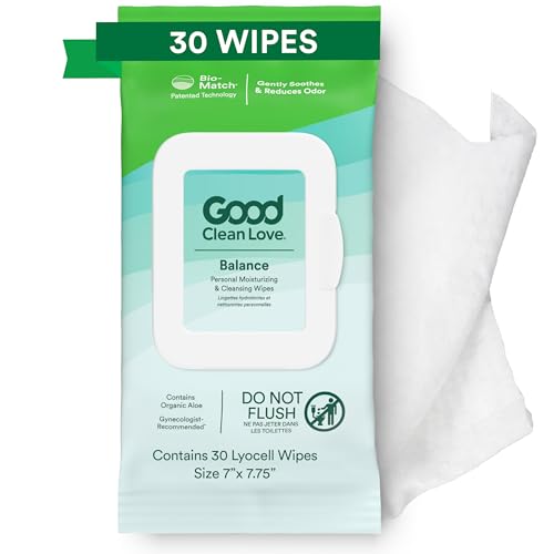 Good Clean Love Rebalance Feminine Wipes, Feels like natural moisture, Reduces Odor & a Cleansing Hygiene Product Made with Aloe, pH-Balanced Feminine Wipes, 30 Biodegradable Wipes