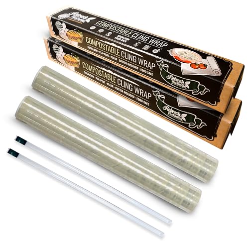 Refresh Packaging Certified Zero-Plastic Wrap for Food with Cutter – BPA-Free Cling Wrap Made from Plant-Based Materials – Food Storage Film to Preserve Meals & Leftovers (2 Rolls, 11,8 inch Each)