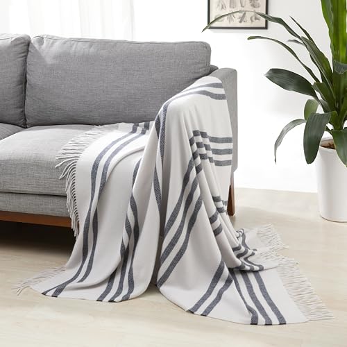 Amazon Basics Room Décor Throw Blanket, Lightweight and Cozy in Recycled Polyester, Light Grey with Blue Stripes, 50"x60"