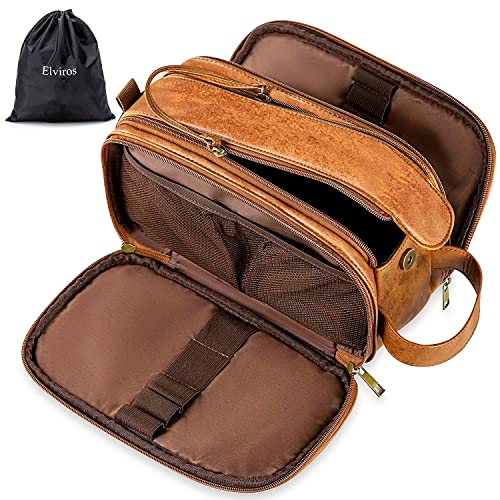Elviros Toiletry Bag for Men, Large Travel Shaving Dopp Kit Water-Resistant Bathroom Toiletries Organizer PU Leather Cosmetic Bags (Brown, Small)