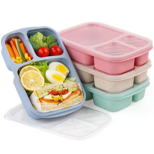 4 Pack Bento Lunch Box - BPA-Free Reusable Bento Box Kids Adult -3-Compartment Meal Prep Container with Lids - Lunch Box for Kids, Toddler, Adults - Suitable for School, Company, and Travel