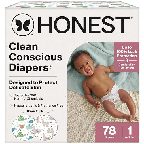The Honest Company Clean Conscious Diapers for Delicate Skin, Up to 100% Leakproof Hypoallergenic Fragrance-Free Baby Diapers, Gender Neutral Prints, Club Box, Size 1 (8-14 lbs), 78 Count