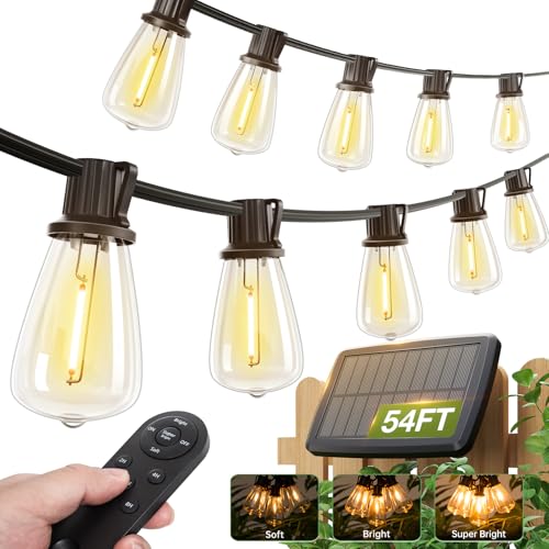 addlon 54(48+6) FT Solar String Lights Waterproof,Patio Lights Solar Powered with Remote & USB Port 15+1 LED Shatterproof Bulbs 3 Light Modes, Dimmable Solar Lights for Camping Backyard Garden