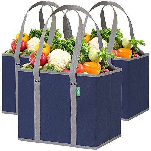 Reusable Grocery Shopping Box Bags (3 Pack - Blue/Gray). Large, Premium Quality Heavy Duty Tote Set with Extra Long Handles & Reinforced Bottom. Folding, Collapsible, Durable and Eco Friendly