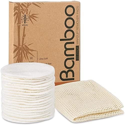 20 Packs Organic Reusable Makeup Remover Pads, Washable Natural Bamboo Cotton Rounds for All Skin Types with Cotton Laundry Bag