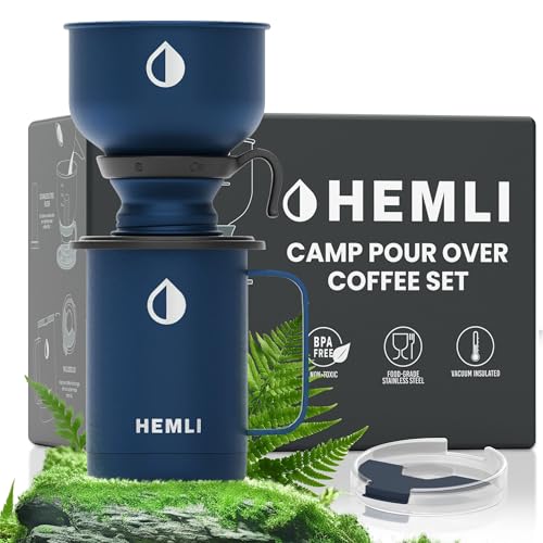 Hemli Pour Over Camp Coffee Maker Set– Vacuum Insulated Mug with Leakproof Lid, Stainless Steel Micro Filter, Scratch-Resistant Finish, Portable Coffee Maker for Camping, Travel & Outdoor Adventures