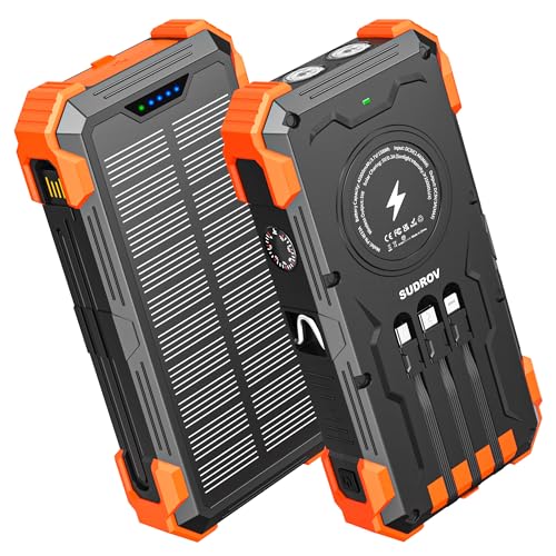 Solar Charger, Solar Power Bank 42800mAh Portable Charger, 3.0 Fast Charger 15W 4 Ports USB C Battery Pack Built-in Dual Led Flashlights for Outdoor Camping Travel Orange