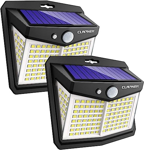 CLAONER Solar Lights Outdoor [128 LED/3 Modes], Solar Motion Sensor Security Lights IP65 Waterproof Durable Solar Powered Deck Lights 270°Lighting Angle for Yard Pathway Garage