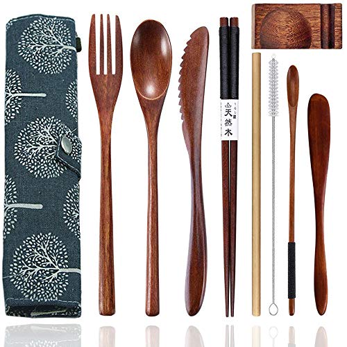 Cennsa Wooden Cutlery Set Portable, Reusable Wooden Bamboo Utensils Travel Cutlery Utensils Set with Case, 9 Pcs Wooden Flatware Including Reusable Knife Fork Spoon Chopsticks Straws & Cleaning Brush