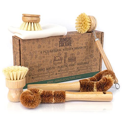 Jungle Culture Eco-Friendly Dish Brush Set | 6 Piece Kitchen Washing Up Brushes & Cleaning Cloth Pack | Reusable Zero Waste & Plastic-Free Bamboo Pots & Pans Scrubbers | Wooden Coconut Fibre Scourers