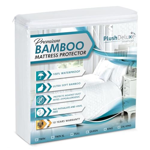 PlushDeluxe Bamboo Mattress Protector Waterproof, Hypoallergenic & Ultra Soft Breathable Bed Mattress Cover for Comfort & Protection (Queen)
