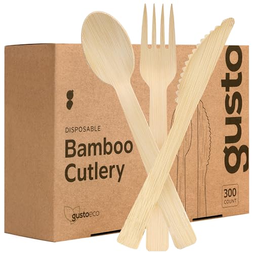 GUSTO [300 Combo Pack] Compostable Bamboo Combo Cutlery Set, 150 Forks - 100 Spoons - 50 Knives Disposable Utensils for Parties, Camping, and Everyday Use- Biodegradable Silverware Sets