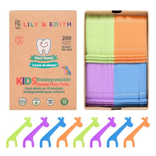 LILY & EDITH Kids Biodegradable Dental Floss Picks 200 Counts, Fluoride Free, Chemical Free, Plant Based Compostable, Fun Animal Flossing Sticks, Ultra Sturdy Thread, Zero Waste Package (Unflavored)