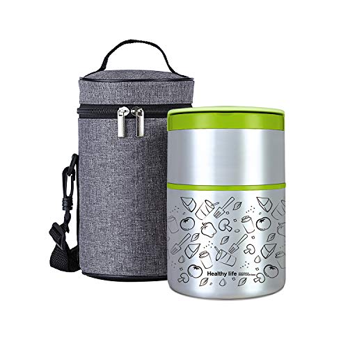 Lille Home Vacuum Insulated Stackable Stainless Steel Thermal Lunch/Snack box, 2-Tier Bento/Food Container with Lunch bag, Smart Diet, Weight Control, 32 Ounces