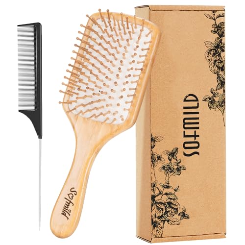 Hair Brush-Natural Wooden Bamboo Brush and Detangle Tail Comb Instead of Brush Cleaner Tool, Eco Friendly Paddle Hairbrush for Women Men and Kids Make Thin Long Curly Hair Health and Massage Scalp