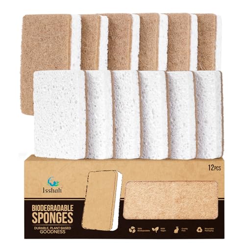 Isshah Plant-Based Kitchen Sponges - FSC Certified and PETA Approved, Natural, Eco-Friendly, Biodegradable Sisal Hemp Sponges for Dishes, Cleaning Sponge for Kitchen, Bathroom, Household - 12 Count