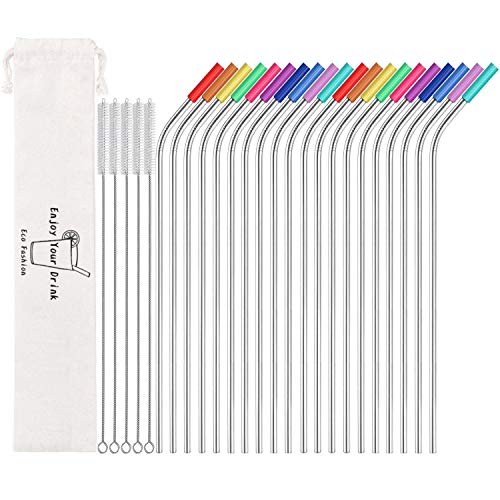 Stainless Steel Straws,Set of 16 10.5" FDA-Approved Reusable Drinking Straws for 30oz&20oz Tumblers Cups Mugs,Metal Straws with 24 Soft Food-Grade Silicone Tips,4 Cleaning Brushes (16 Bent)