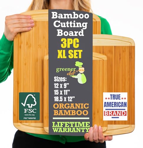 Extra Large Bamboo Cutting Board Set – Wood Cutting Boards for Kitchen, Non Toxic Cutting Board Set for Chopping, Slicing, Carving, Charcuterie – Ideal for Home Cooks, Entertaining, Family Meals