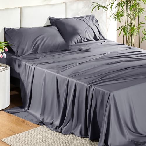 Bedsure 100% Rayon Derived from Bamboo Sheets King Size Set, Cooling Sheets for Hot Sleepers, Breathable & Soft King Bedsheets, Deep Pocket Up to 16 Inches, Bedsheet & Pillowcase Sets, Dark Grey