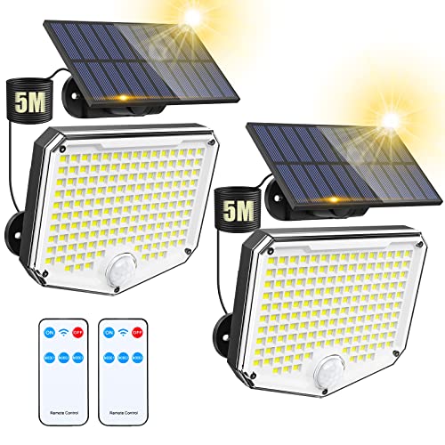 Solar Lights Outdoor, 153 LED 3000LM Solar Powered Motion Sensor Flood Lights with Remote, Dusk to Dawn Led Solar Security Wall Lights with 16.5Ft Cable IP65 Waterproof for Outside, Garage, 2 Pack