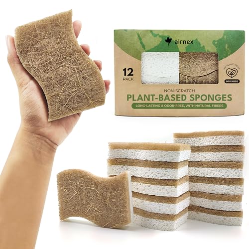 AIRNEX 12 Pack Biodegradable Natural Kitchen Sponges - Eco Friendly Cellulose and Coconut Dish Scrubbers - Non Scratch, Odourless Dual Sided Multipurpose Sponges