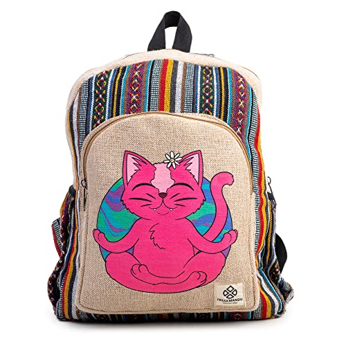 Organic Hemp Backpack Bag - Eco Friendly Hippie Yak Design Durable Functional Traveling Hiking Friendly Casual Daypack Bag by Freakmandu, Cat Yogi, Medium - 15 Litter, Cat Yogi