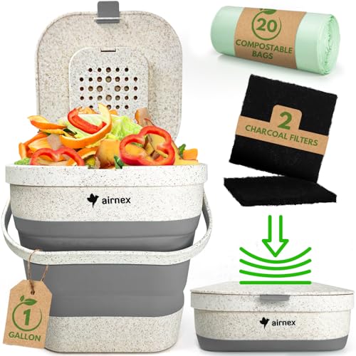 AIRNEX Collapsible Kitchen Compost Bin - Odor Free Indoor Compost Bin Made with Wheat Straw - Garbage Bin with Lid for Food Waste with 20x Compostable Trash Bags and 2X Carbon Filters (1 Gallon)