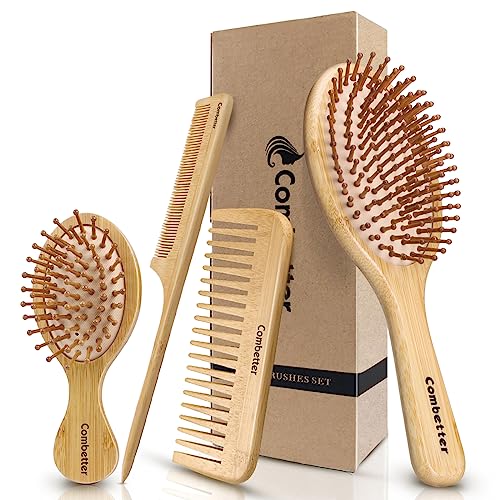 Combeter Bamboo Hair Brush and Comb Set (4PCS) – Natural & Eco-Friendly Detangler Comb for Women, Men & Kid, Reduces Frizz, Promotes Healthy Hair Growth – Wooden Paddle Brush with Scalp Massage