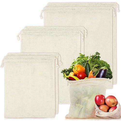 MAQIHAN Reusable Produce Bags Cotton Mesh Produce Bags Mesh Storage Produce Bags Reusable Durable Double Stitched with Drawstring Produce Bag for Vegetables,Fruit & Grocery Shopping 6 Bags(2L,2M,2S)
