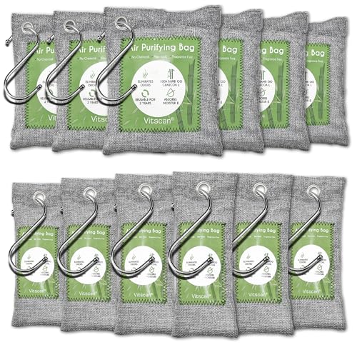 12 Pack Bamboo Air Purifying Bag, Activated Charcoal Bags Odor Absorber, Moisture Absorber, Natural Car Air Freshener, Shoe Deodorizer, Odor Eliminators For Home, Pet, Closet (6x50g, 6x150g)