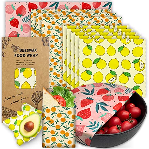Reusable Beeswax Wrap - 9 Pack Eco-Friendly Beeswax Wraps for Food, Organic, Sustainable, Biodegradable, Zero Waste, Plastic-Free Food Storage, 1L Strawberry, 3M Orange, 5S Lemon Patterns